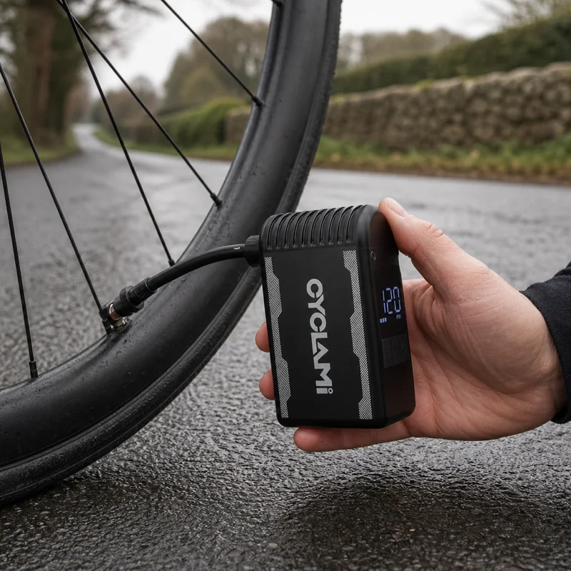 CYCLAMI A2S inflating a wet road tyre