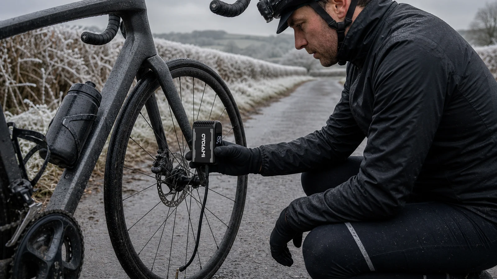 Cyclist using a compact inflator on a road bicycle beside a wet rural road and frosty grass