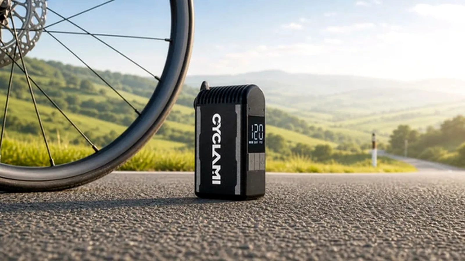 Compact electric bike pump ready to carry on a UK ride