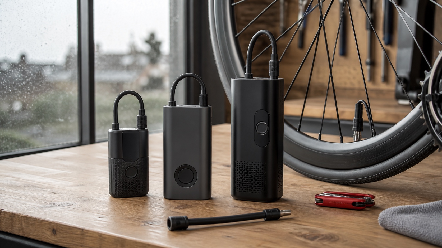 Three unbranded compact electric bicycle pumps arranged by size beside a road tyre