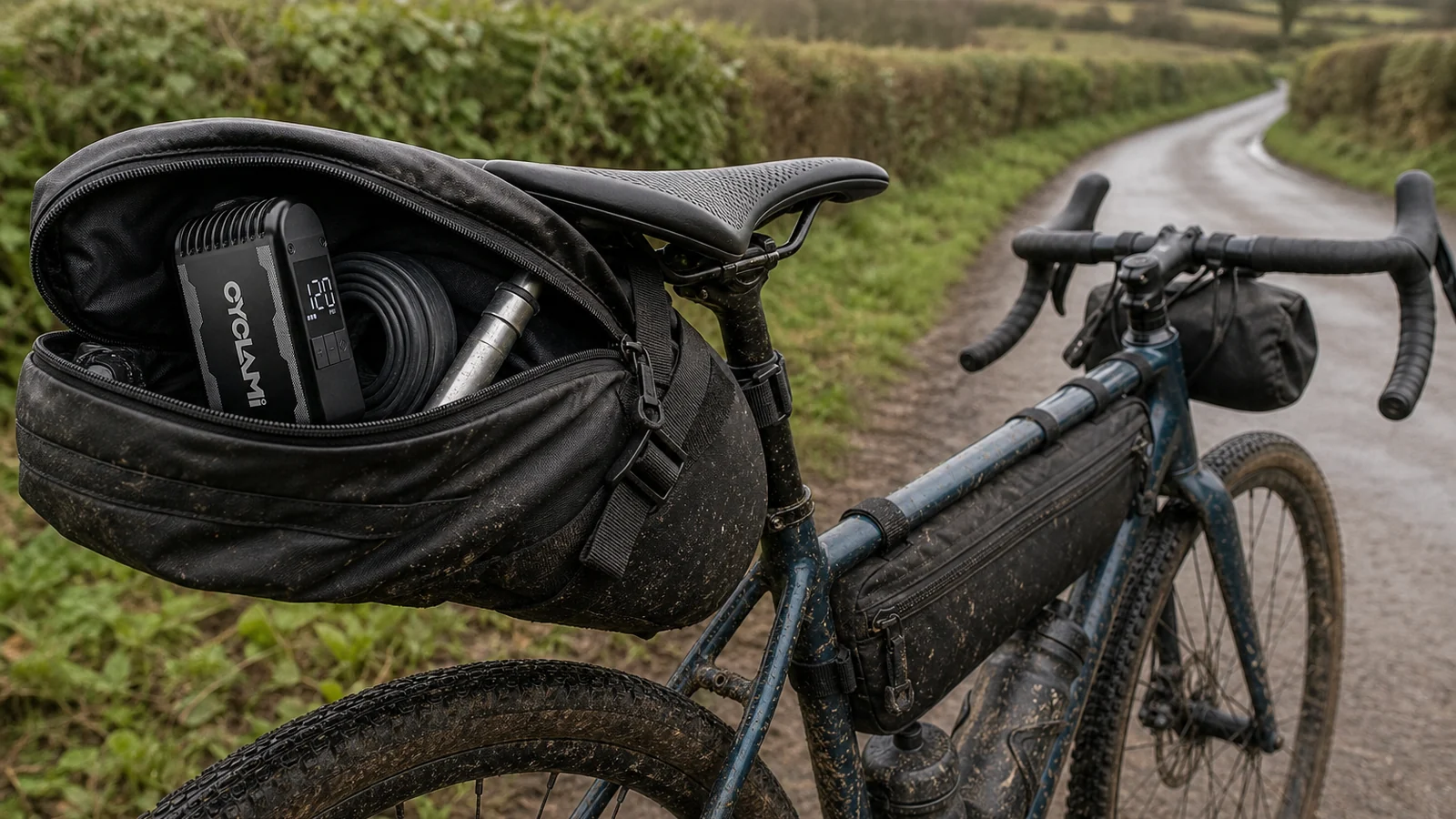 Compact electric inflator, inner tube and hand pump packed in a bicycle saddle bag beside a wet country road