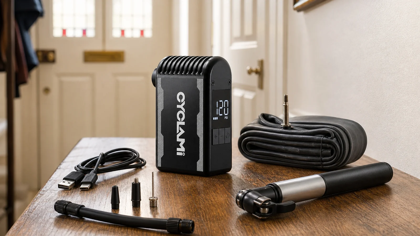 Compact electric inflator, inner tube, hand pump, hose, valve adapters and USB cable on a wooden table